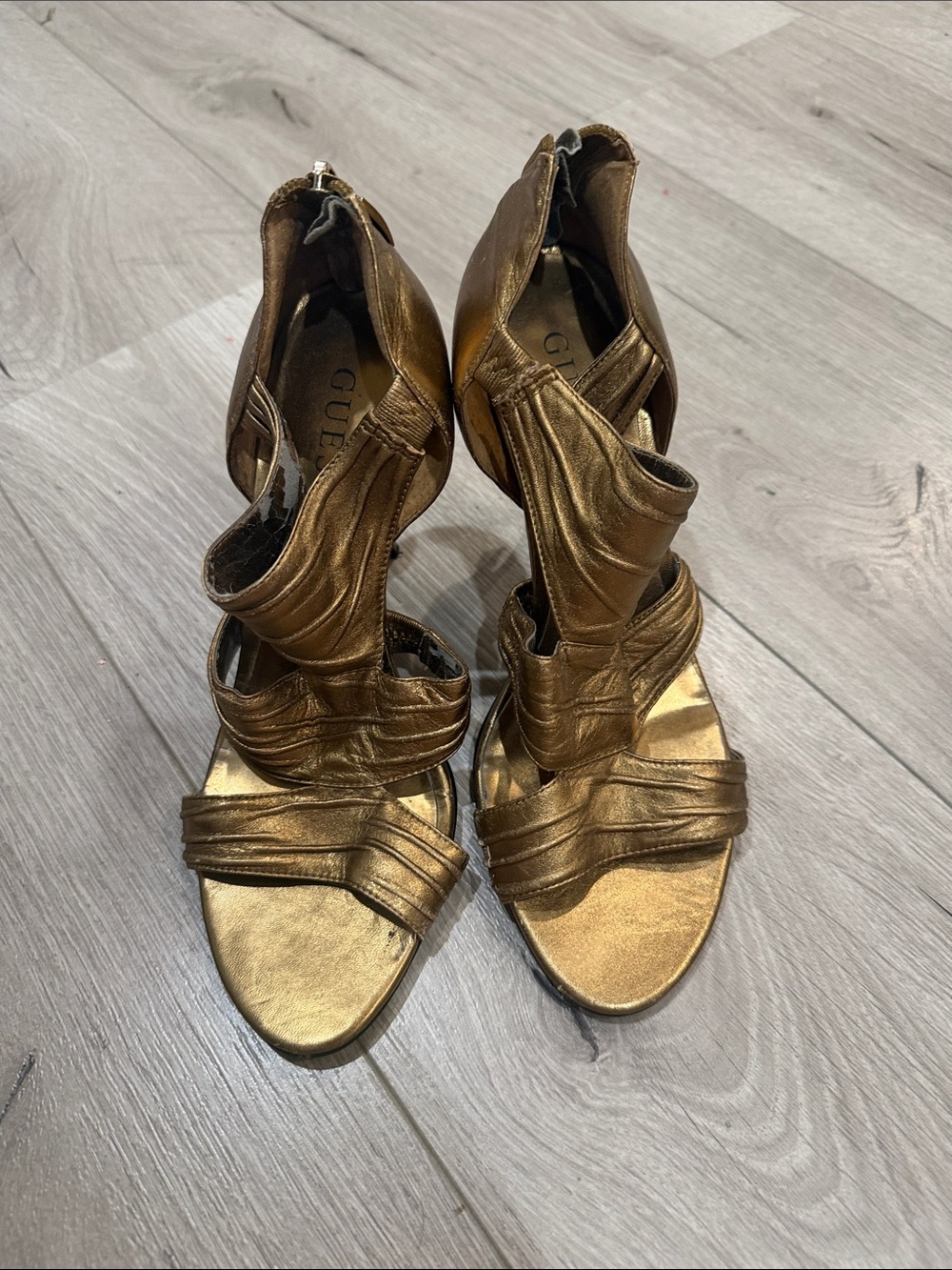 GUESS Metallic Gold Strappy High Heel Sandals